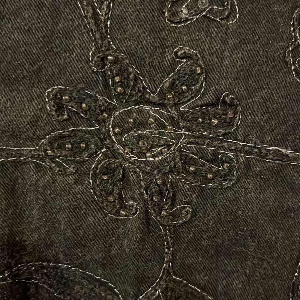 Chicos Design Vintage 100% Cotton Faded Black Jacket with Silver Shimmer Flowers - Picture 7 of 9